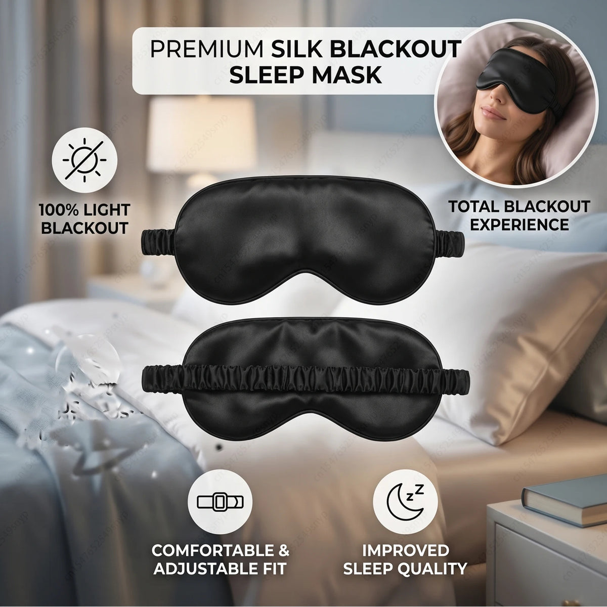 1/2/3Pack Silk Sleep Mask - Elastic Blackout Eye Mask & Blindfold for Full Night'S Sleep, Light Blocking, Adjustable Strap