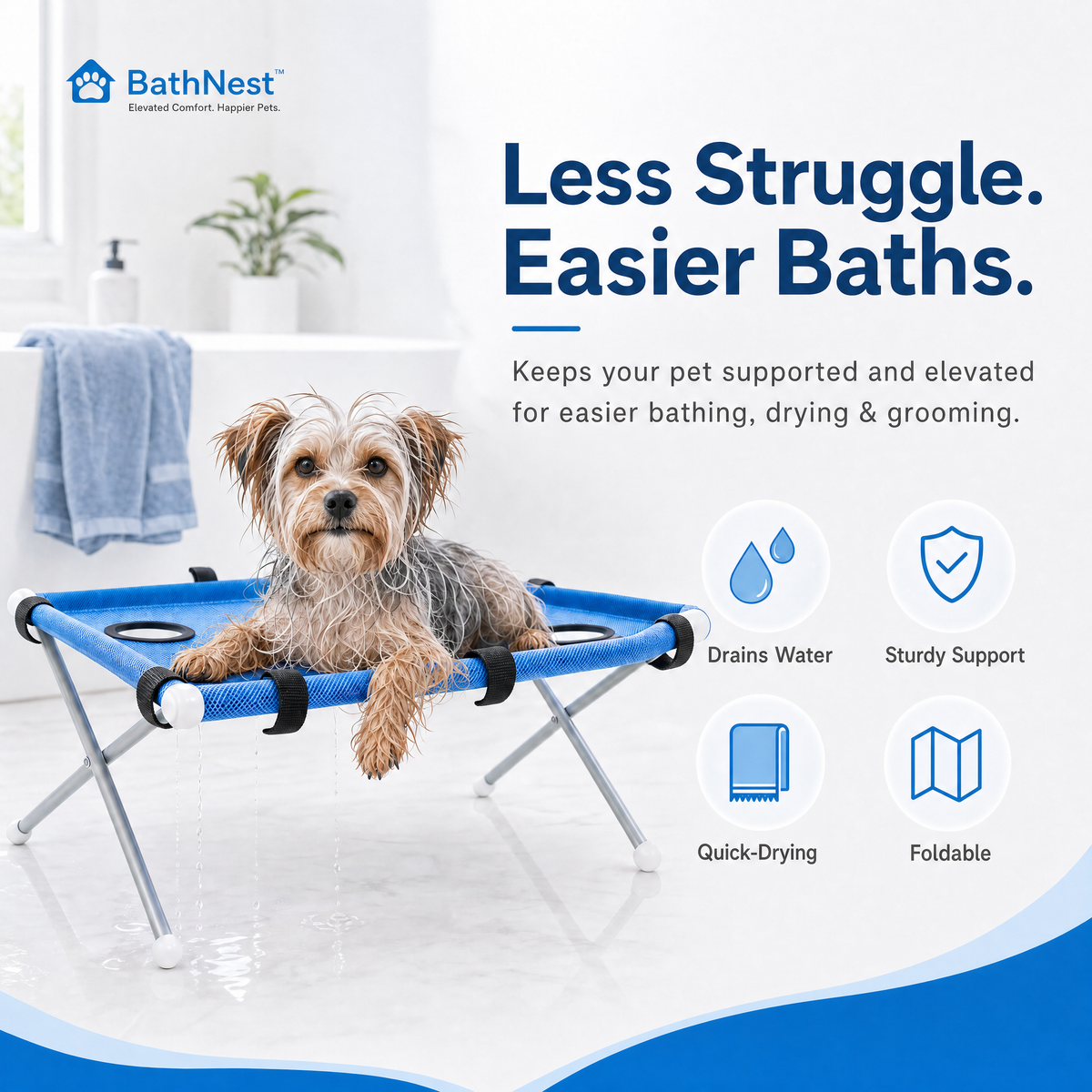 Pet Bathing Hammock Stand Foldable Dog Cat Grooming Drying Table Breathable Mesh Bath Helper for Small Pets