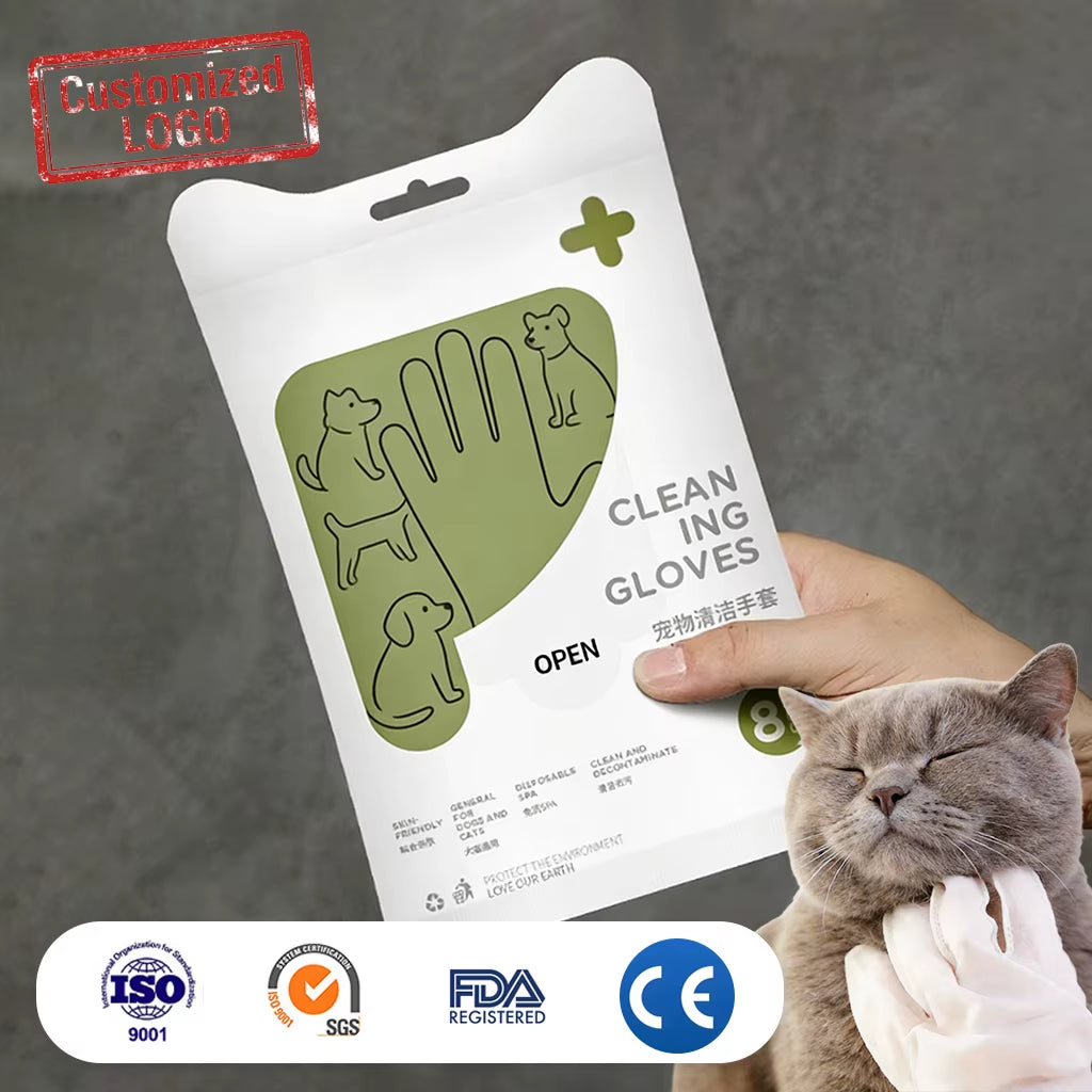 Custom Logo Soft Durable No-Rinse Hypoallergenic Deodorizing Pet Cleaning Bathing Wipes Gloves for Dogs and Cats