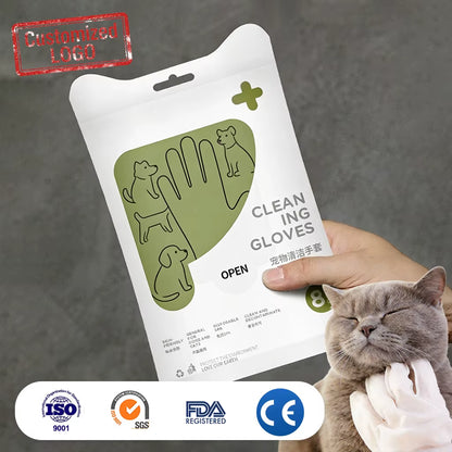 Custom Logo Soft Durable No-Rinse Hypoallergenic Deodorizing Pet Cleaning Bathing Wipes Gloves for Dogs and Cats