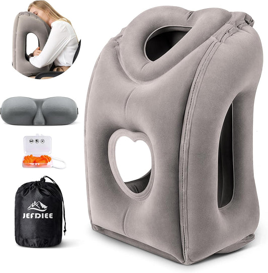 Inflatable Travel Pillow, Airplane Neck Pillow Comfortably Supports Head and Chin for Airplanes, Trains, Cars Office Napping on the Tray Table (Grey)